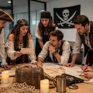 Evento corporativo de Cluedo en vivo La Isla Maldita con actores, búsqueda de pistas, trabajo en equipo y aventura pirata.